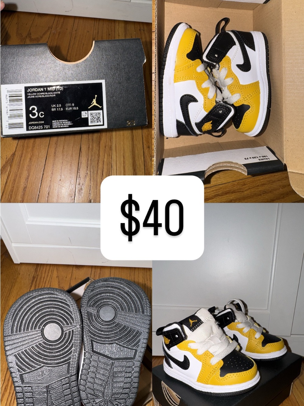 Jordan 1 Mid TD Kids' Yellow/Black/White Sneakers